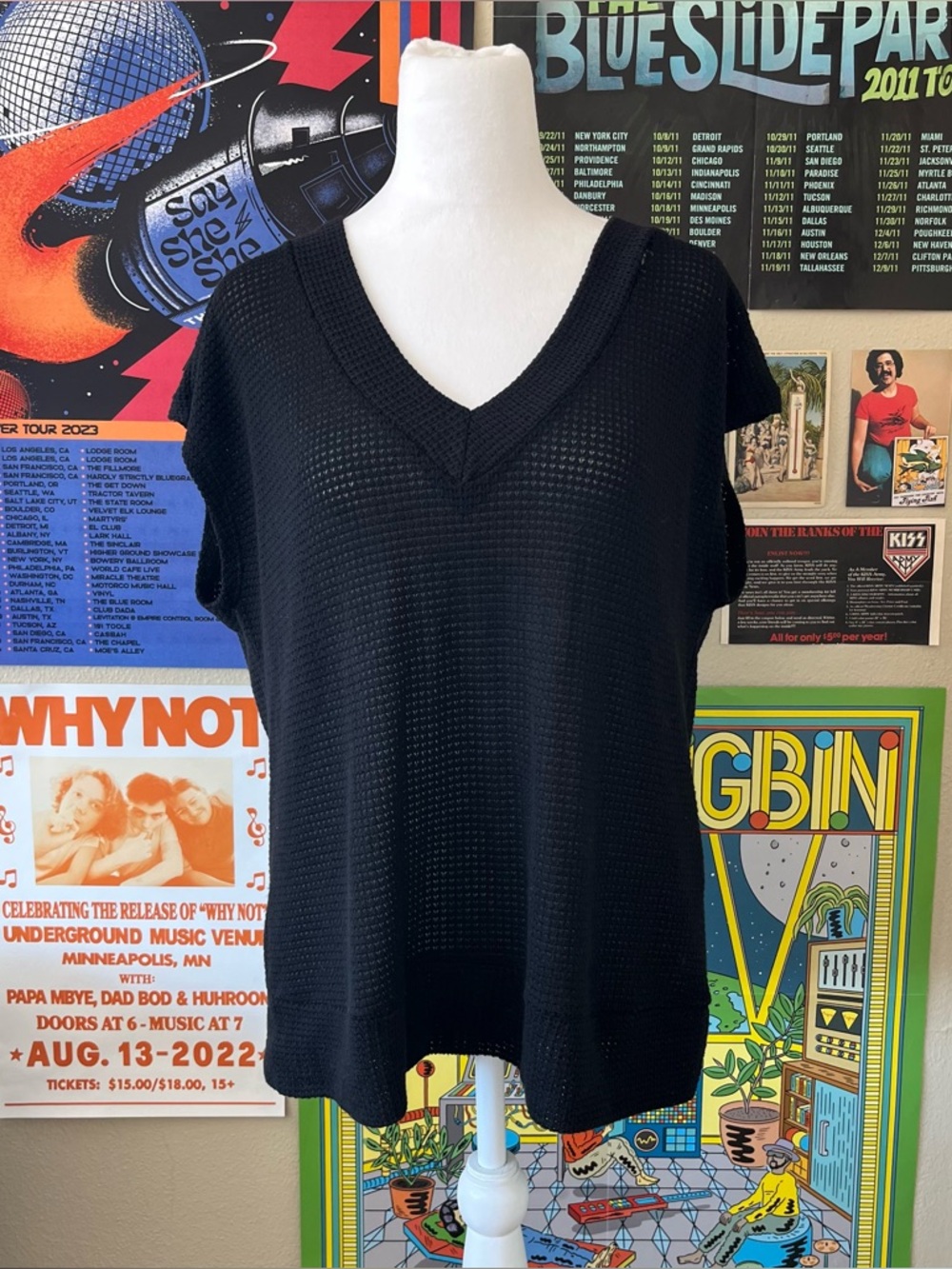 Black knit short sleeve top with V-neck